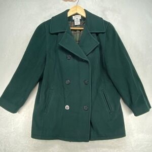Talbots Petites Wool Pea Coat Green Plaid Lined Double‎ Breasted Jacket 10P